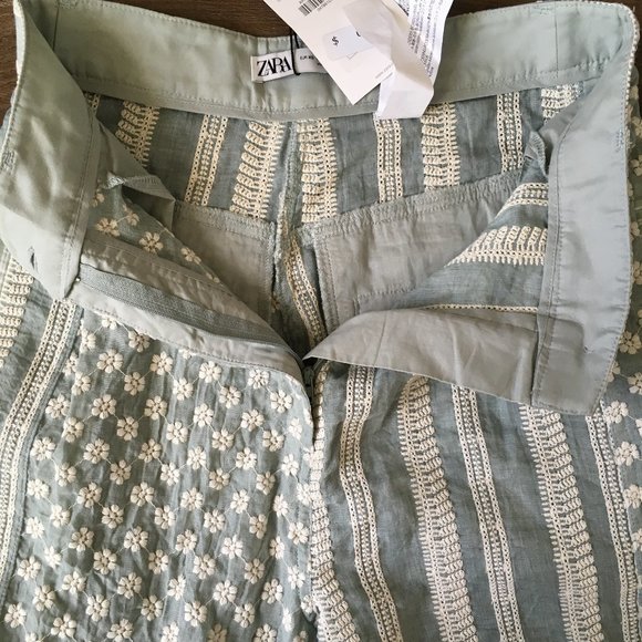 NWOT Zara Embroidered Pants Eyelet Patchwork Blue Seafoam Floral Gauze HiRise XS - Picture 11 of 13